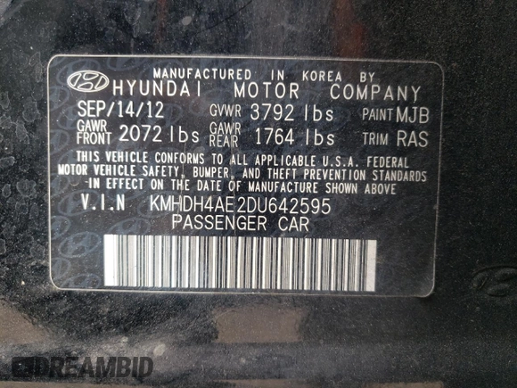 2013 Hyundai Elantra GLS z VIN KMHDH4AE2DU642595, wystawiony jako Copart lot #87429834 z przebiegiem Nie podano mil oraz Szkoda całkowita • Salvage title. Historia ofert i sprzedaży dostępna na DreamBid. Obrazek 14.