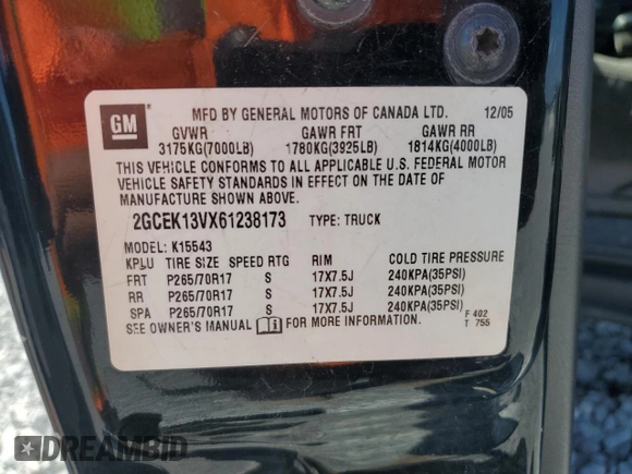 2006 Chevrolet Silverado 1500 LS with VIN 2GCEK13VX61238173, listed as a Copart auction lot 55441585 with 254,229 mi miles and Clean Title. Bid and sale history available at DreamBid. Image 12.
