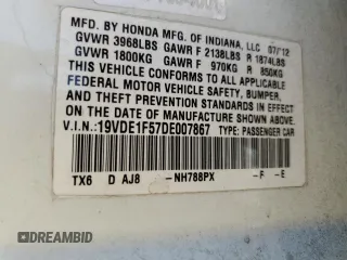 2013 Acura ILX Premium with VIN 19VDE1F57DE007867, listed as a Copart auction lot 57974225 with 174,534 mi miles and Salvage title. Bid and sale history available at DreamBid. Image 13.