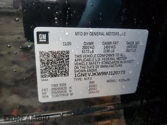 2021 Chevrolet Traverse RS with VIN 1GNEVJKW9MJ120773, listed as a Copart auction lot 64300084 with 82,397 mi miles and Salvage Title. Bid and sale history available at carsss.com. Image 15.