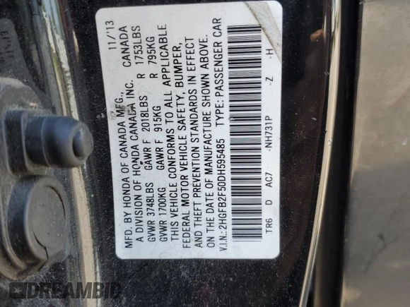2013 Honda Civic LX with VIN 2HGFB2F50DH595485, listed as a Copart auction lot 52156955 with Not Provided miles and Salvage Title. Bid and sale history available at DreamBid. Image 12.