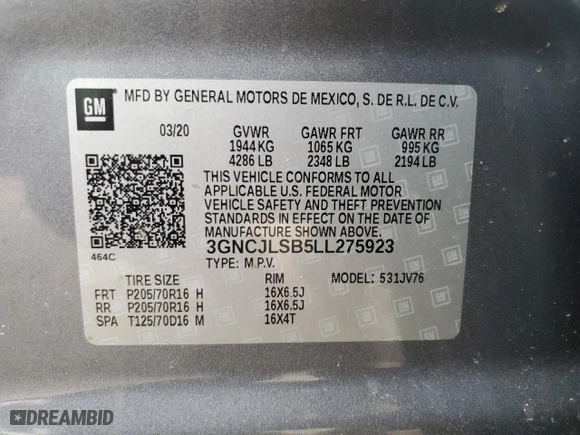 2020 Chevrolet Trax LT with VIN 3GNCJLSB5LL275923, listed as a Copart auction lot 46068605 with 37,073 mi miles and Salvage Title. Bid and sale history available at carsss.com. Image 14.