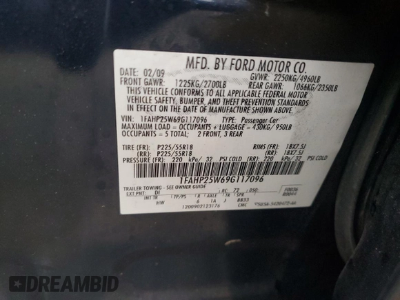 2009 Ford Taurus Limited with VIN 1FAHP25W69G117096, listed as a Copart auction lot 84262534 with 195,159 mi miles and Salvage Title. Bid and sale history available at carsss.com. Image 12.