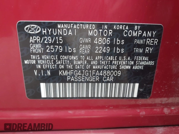 2015 Hyundai Azera with VIN KMHFG4JG1FA488009, listed as a IAAI auction lot 41864544 with 99,358 mi miles and . Bid and sale history available at carsss.com. Image 9.