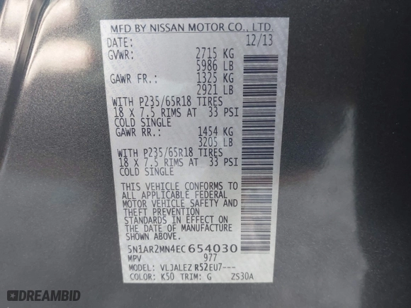 2014 Nissan Pathfinder SV with VIN 5N1AR2MN4EC654030, listed as a IAAI auction lot 41797650 with 129,731 mi miles. Bid and sale history available at carsss.com. Image 9.