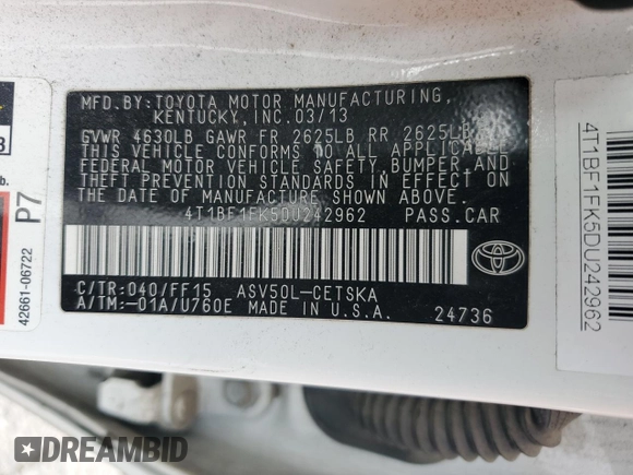 2013 Toyota Camry L with VIN 4T1BF1FK5DU242962, listed as a Copart auction lot 53510055 with 248,419 mi miles and Clean Title. Bid and sale history available at carsss.com. Image 12.