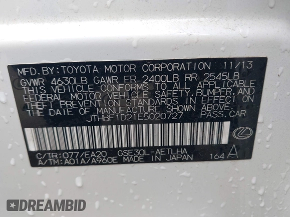 2014 Lexus IS 250 с VIN JTHBF1D21E5020727, выставлен на аукционе IAAI как лот 42264652 с пробегом 232 513 миль миль и . История ставок и продаж доступна на DreamBid. Изображение 9.