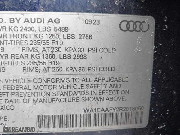 2024 Audi Q5 S line Premium Plus with VIN WA1EAAFY2R2018050, listed as a IAAI auction lot 41887903 with 15,685 mi miles. Bid and sale history available at carsss.com. Image 9.