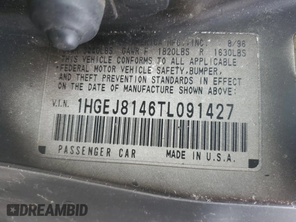 1996 Honda Civic EX z VIN 1HGEJ8146TL091427, wystawiony jako Copart lot #53537235 z przebiegiem 132 490 mil mil oraz Szkoda całkowita • Salvage title. Historia ofert i sprzedaży dostępna na DreamBid. Obrazek 13.