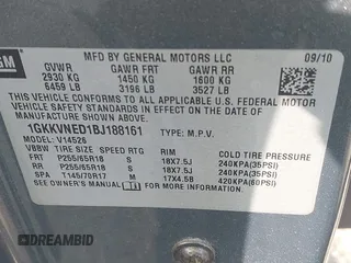 2011 GMC Acadia SL z VIN 1GKKVNED1BJ188161, wystawiony jako IAAI lot #42206298 z przebiegiem 155 724 mil mil oraz . Historia ofert i sprzedaży dostępna na DreamBid. Obrazek 9.