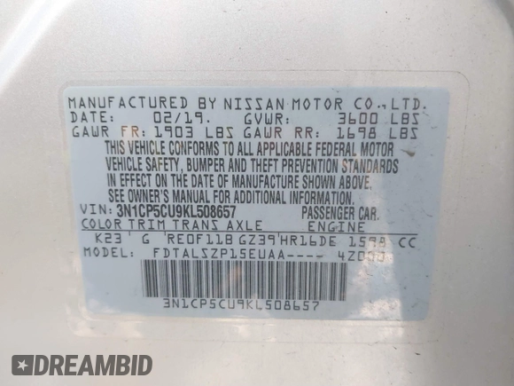2019 Nissan Kicks SV with VIN 3N1CP5CU9KL508657, listed as a IAAI auction lot 41321427 with 137,402 mi miles. Bid and sale history available at carsss.com. Image 9.