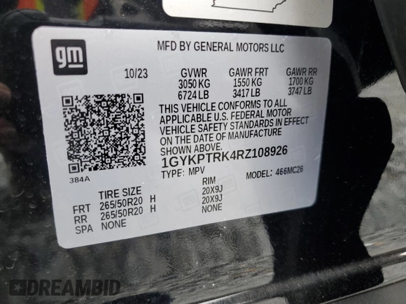 2024 Cadillac LYRIQ Sport z VIN 1GYKPTRK4RZ108926, wystawiony jako Copart lot #52029685 z przebiegiem 10 284 mil mil oraz Szkoda całkowita • Salvage title. Historia ofert i sprzedaży dostępna na DreamBid. Obrazek 14.