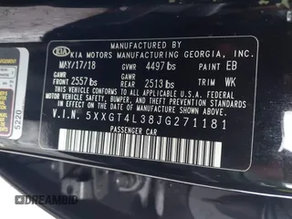 2018 Kia Optima LX with VIN 5XXGT4L38JG271181, listed as a IAAI auction lot 41911480 with 59,010 mi miles and . Bid and sale history available at carsss.com. Image 9.