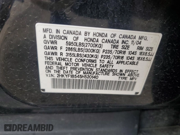 2005 Honda Pilot EX-L with VIN 2HKYF18545H520140, listed as a Copart auction lot 51583125 with 249,200 mi miles and Salvage Title. Bid and sale history available at carsss.com. Image 13.