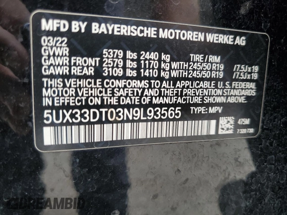 2022 BMW X4 xDrive30i with VIN 5UX33DT03N9L93565, listed as a Copart auction lot 64622273 with 37,232 mi miles. Bid and sale history available at carsss.com. Image 13.