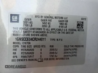 2012 Chevrolet Tahoe LTZ with VIN 1GNSCCE04CR244011, listed as a Copart auction lot 80465164 with Not provided miles and Salvage title. Bid and sale history available at DreamBid. Image 12.