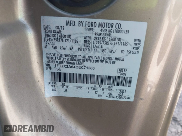 2012 Ford F-250 XL z VIN 1FT7X2A64CEC71286, wystawiony jako IAAI lot #42536742 z przebiegiem Nie podano mil oraz . Historia ofert i sprzedaży dostępna na DreamBid. Obrazek 9.