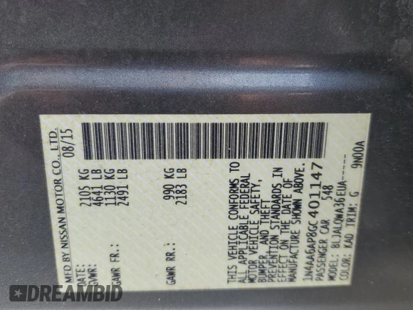 2016 Nissan Maxima SV with VIN 1N4AA6AP8GC401147, listed as a Copart auction lot 54202185 with 76,514 mi miles and Salvage Title. Bid and sale history available at DreamBid. Image 12.