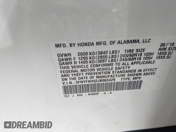 2018 Honda Pilot EX-L с VIN 5FNYF6H52JB063429, выставлен на аукционе IAAI как лот 42285436 с пробегом 89 429 миль миль и . История ставок и продаж доступна на DreamBid. Изображение 9.