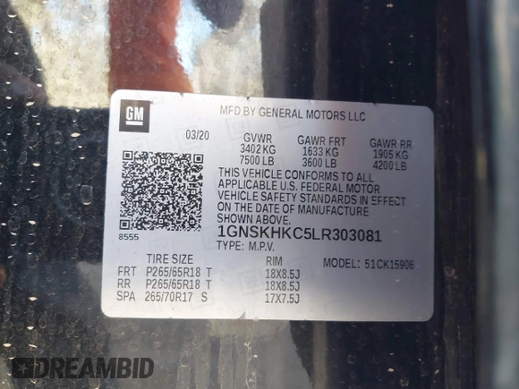2020 Chevrolet Suburban LT with VIN 1GNSKHKC5LR303081, listed as a IAAI auction lot 41896511 with 60,121 mi miles and . Bid and sale history available at DreamBid. Image 9.