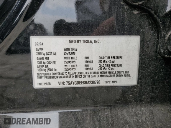 2024 Tesla Model Y Long Range with VIN 7SAYGDEE8RA238798, listed as a Copart auction lot 54401175 with Not provided miles and Salvage title. Bid and sale history available at DreamBid. Image 12.