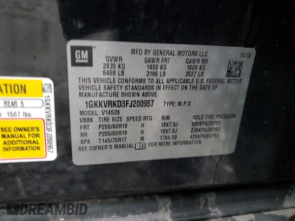 2015 GMC Acadia SLT with VIN 1GKKVRKD3FJ200957, listed as a Copart auction lot 52940115 with 151,040 mi miles and Salvage Title. Bid and sale history available at carsss.com. Image 15.