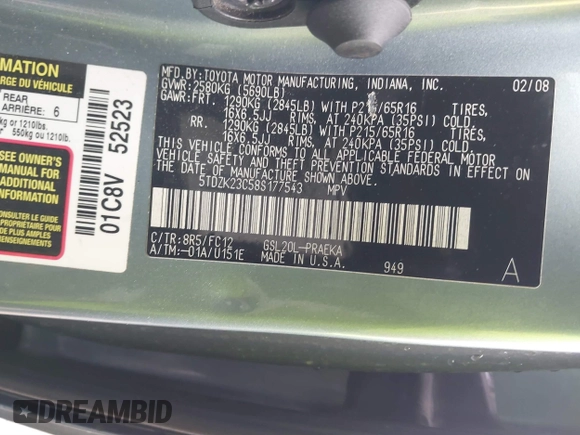 2008 Toyota Sienna CE with VIN 5TDZK23C58S177543, listed as a IAAI auction lot 41848850 with 226,347 mi miles. Bid and sale history available at carsss.com. Image 9.