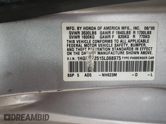 2005 Honda Civic LX with VIN 1HGEM22515L068975, listed as a Copart auction lot 52055435 with 206,058 mi miles and Salvage Title. Bid and sale history available at DreamBid. Image 12.