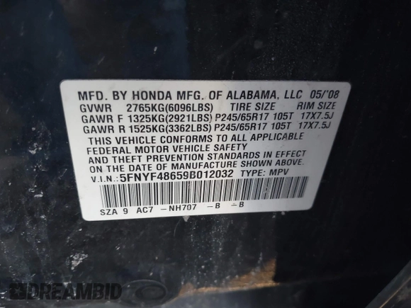 2009 Honda Pilot EX-L with VIN 5FNYF48659B012032, listed as a IAAI auction lot 41801232 with 205,636 mi miles and . Bid and sale history available at carsss.com. Image 9.