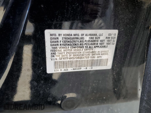 2013 Honda Pilot EX-L with VIN 5FNYF4H52DB054769, listed as a Copart auction lot 42938675 with 207,504 mi miles and Salvage Title. Bid and sale history available at DreamBid. Image 15.