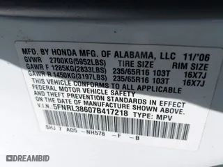 2007 Honda Odyssey EX-L with VIN 5FNRL38607B417218, listed as a IAAI auction lot 41856212 with 163,720 mi miles. Bid and sale history available at carsss.com. Image 9.