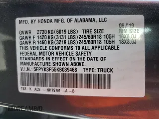 2019 Honda Ridgeline RTL z VIN 5FPYK3F55KB039468, wystawiony jako Copart lot #65280365 z przebiegiem 44 416 mil mil oraz Szkoda całkowita • Salvage title. Historia ofert i sprzedaży dostępna na DreamBid. Obrazek 13.