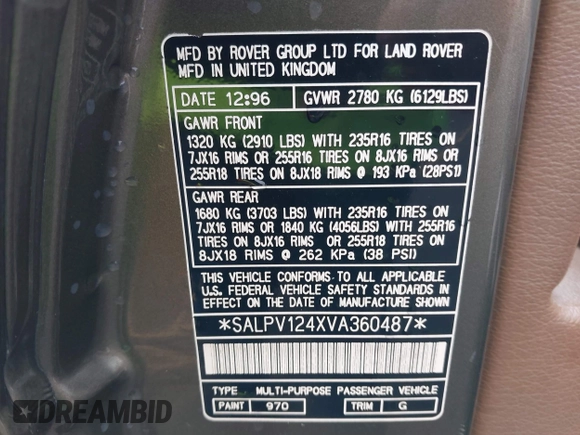 1997 Land Rover Range Rover with VIN SALPV124XVA360487, listed as a IAAI auction lot 41817163 with 141,344 mi miles and . Bid and sale history available at DreamBid. Image 9.