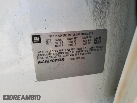 2012 Buick Regal Premium 1 with VIN 2G4GS5EK9C9132535, listed as a Copart auction lot 56859435 with 195,036 mi miles and Salvage title. Bid and sale history available at DreamBid. Image 13.