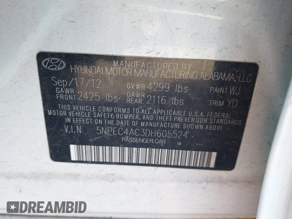 2013 Hyundai Sonata Limited with VIN 5NPEC4AC3DH605524, listed as a IAAI auction lot 41820696 with 177,806 mi miles and . Bid and sale history available at carsss.com. Image 9.