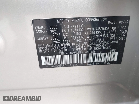 2019 Subaru Ascent Limited with VIN 4S4WMAMD8K3459159, listed as a IAAI auction lot 42151023 with 46,814 mi miles and . Bid and sale history available at DreamBid. Image 9.
