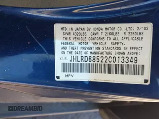 2002 Honda CR-V LX with VIN JHLRD68522C013349, listed as a IAAI auction lot 41794065 with 135,159 mi miles and . Bid and sale history available at DreamBid. Image 9.