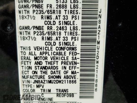 2013 Nissan Murano LE with VIN JN8AZ1MU2DW211866, listed as a Copart auction lot 46085035 with 94,977 mi miles and Salvage Title. Bid and sale history available at carsss.com. Image 14.