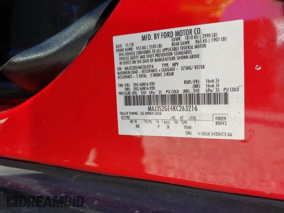 2019 Ford EcoSport SE с VIN MAJ3S2GE4KC263216, выставлен на аукционе IAAI как лот 41136387 с пробегом 72 323 миль миль и . История ставок и продаж доступна на DreamBid. Изображение 9.