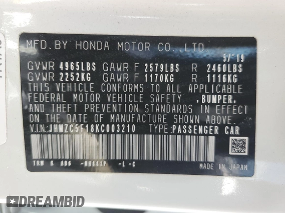 2019 Honda Clarity Plug-In Hybrid with VIN JHMZC5F18KC003210, listed as a Copart auction lot 68538854 with 104,229 mi miles and Salvage Title. Bid and sale history available at carsss.com. Image 14.