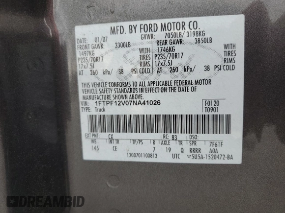 2007 Ford F-150 XL with VIN 1FTPF12V07NA41026, listed as a Copart auction lot 44991065 with 98,906 mi miles and Salvage Title. Bid and sale history available at carsss.com. Image 12.