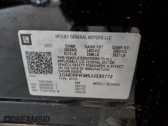 2018 Chevrolet Traverse LS z VIN 1GNERFKW5JJ132772, wystawiony jako Copart lot #57507055 z przebiegiem 121 717 mil mil oraz Czysty tytuł • Clean title. Historia ofert i sprzedaży dostępna na DreamBid. Obrazek 13.