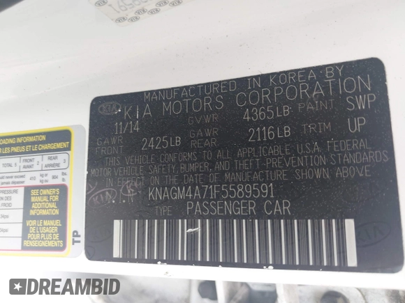 2015 Kia Optima LX with VIN KNAGM4A71F5589591, listed as a IAAI auction lot 42638648 with 154,913 mi miles and . Bid and sale history available at DreamBid. Image 9.