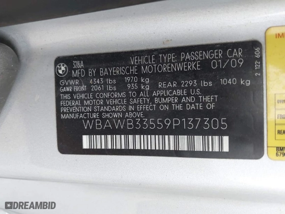 2009 BMW 3 Series 328i with VIN WBAWB33559P137305, listed as a IAAI auction lot 41571928 with 159,768 mi miles. Bid and sale history available at carsss.com. Image 9.