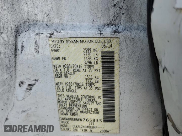 2014 Nissan Frontier S with VIN 1N6AD0ER6EN765835, listed as a Copart auction lot 59767305 with 103,247 mi miles and Salvage title. Bid and sale history available at DreamBid. Image 13.