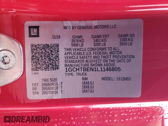 2020 Chevrolet Colorado 4WD Work Truck z VIN 1GCHTBEN1L1146805, wystawiony jako Copart lot #85055864 z przebiegiem 52 414 mil mil oraz Szkoda całkowita • Salvage title. Historia ofert i sprzedaży dostępna na DreamBid. Obrazek 14.