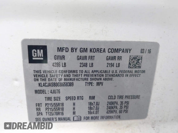 2016 Buick Encore with VIN KL4CJASB0GB658389, listed as a IAAI auction lot 41708711 with 62,001 mi miles and . Bid and sale history available at DreamBid. Image 9.