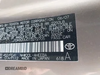 2007 Toyota Prius with VIN JTDKB20U073272705, listed as a IAAI auction lot 42099188 with 201,052 mi miles. Bid and sale history available at carsss.com. Image 9.