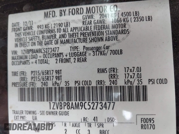 2012 Ford Mustang Premium с VIN 1ZVBP8AM9C5273477, выставлен на аукционе IAAI как лот 42795526 с пробегом 111 438 миль миль и . История ставок и продаж доступна на DreamBid. Изображение 9.