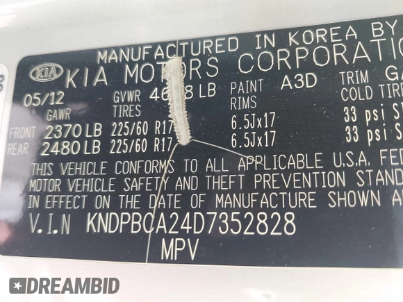 2013 Kia Sportage LX with VIN KNDPBCA24D7352828, listed as a IAAI auction lot 42685744 with 156,805 mi miles and . Bid and sale history available at DreamBid. Image 9.
